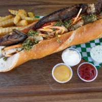 12 inches  Grill beef Sandwich · Grilled beef , stick potato, cheddar cheese, onion, cabbage,tomato, fries 