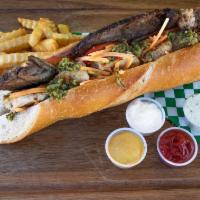 12 inches grilled mixto Sandwich (Beef & Chicken) · Grilled beef & Chicken , stick potato, cheddar cheese, onion, cabbage,tomato, fries 
