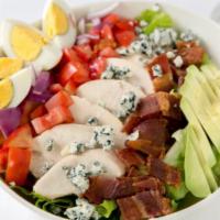 Good Luck Cobb Salad · Romaine, kale, chicken, turkey bacon, carrots, corn, farm egg, avocado, crisp apple, blue ch...
