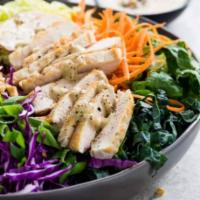 Skinny Asian Salad · Romaine, spinach, kale, cucumber, celery, carrots, chicken, red onion, shaved parmesan chees...