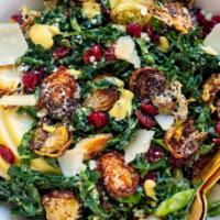Brussel Sprouts Salad · Kale, spinach, turkey bacon, brussels sprouts, apples, , shave parmesan cheese, red onions &...