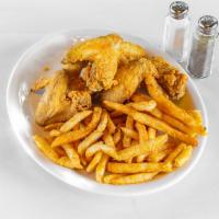 5 Whole Chikzzz Wings and Fries · Cooked wing of a chicken coated in sauce or seasoning.
