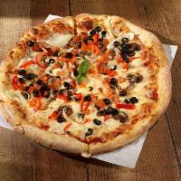 Vegetarian Pizza · Veggie pizza. Mushrooms, tomatoes, onions, peppers and black olives.