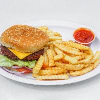 Bleu Cheese Burger with Fries · Blue cheese dressing, lettuce, onion, tomatoes.