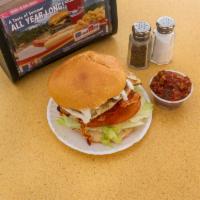 Charbroiled Ranchero Chicken Breast Sandwich · On a hard roll with lettuce and tomato, ranch dressing and bacon.