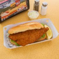 Fried Filet of Flounder Sandwich · On a hoagie roll with lettuce and tomato.