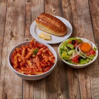 Penne Pasta with Tomato Sauce Platter · Made with homemade sauce. Served with salad, bread and butter.