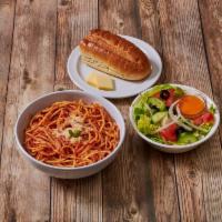 Spaghetti with Tomato Sauce Platter · Made with homemade sauce. Served with salad, bread and butter.