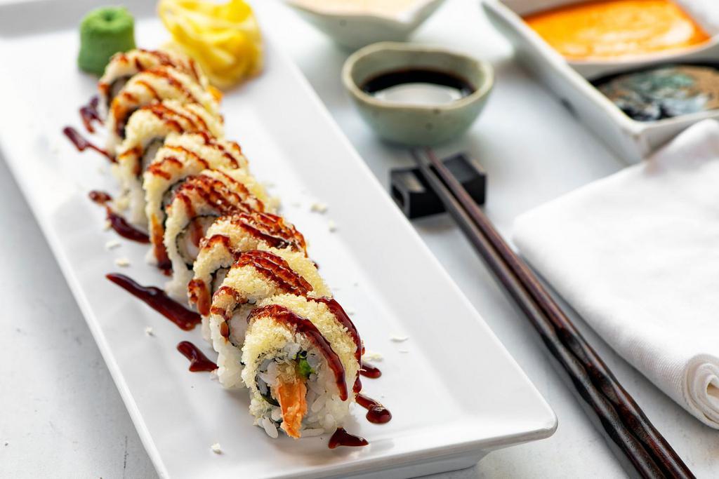 Crunch · Shrimp tempura and avocado rolled with crunch and topped with eel sauce