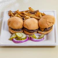 Sliders · A pla home sliders choose from the burger, black bean, chicken salad, or spicy pulled pork.