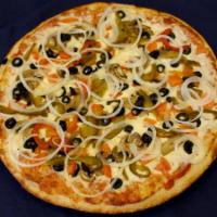 Vegetarian Pizza · Extra cheese, mushrooms, diced tomatoes, black olives, sweet peppers, and onions.