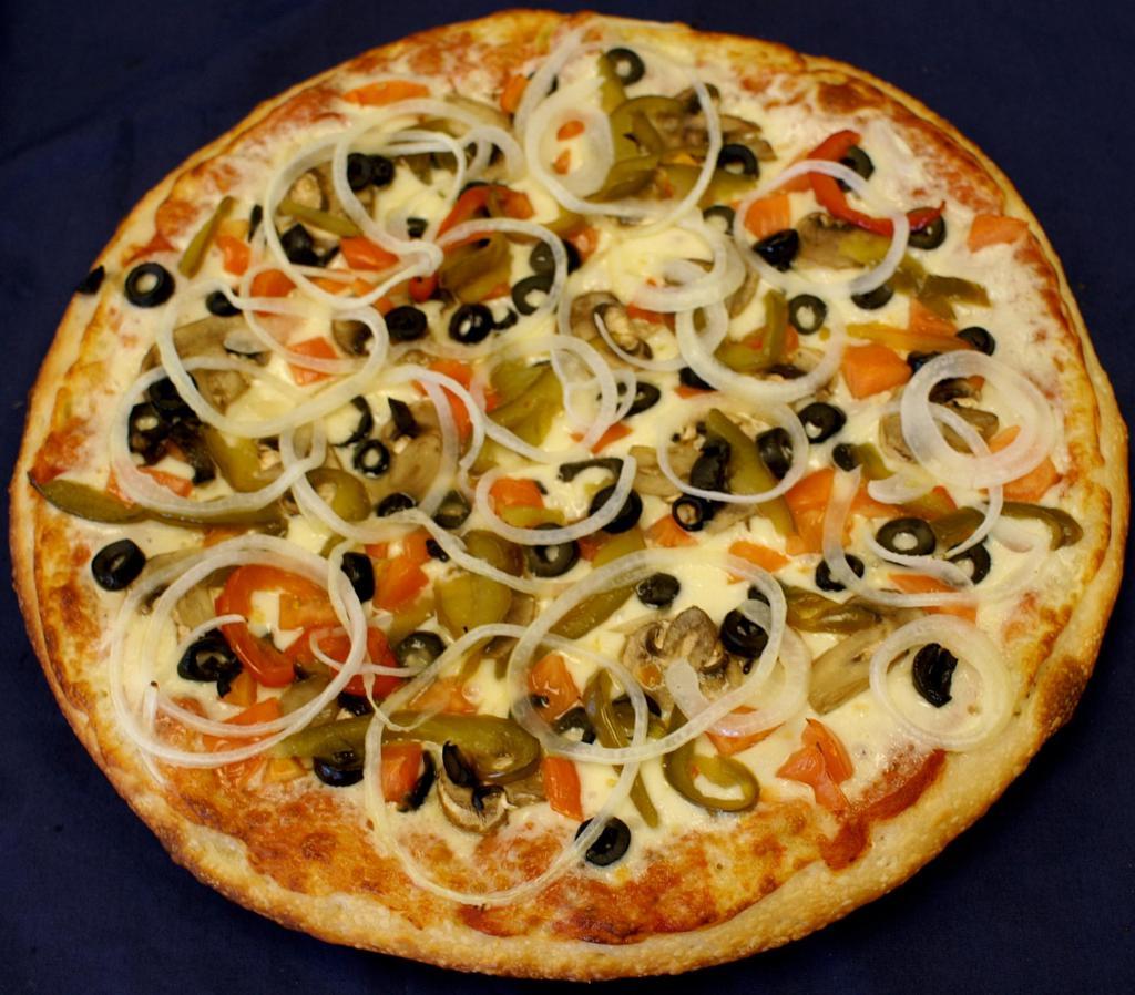 Vegetarian Pizza · Extra cheese, mushrooms, tomatoes, black olives, sweet peppers and onions. 