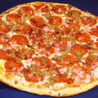 Meat Our Pizza · Extra cheese, pepperoni, bacon, diced ham, sausage and meatballs.