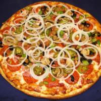 EBA Pizza · Everything but anchovies. Pepperoni, mushrooms, black olives, green peppers, hot peppers, ba...
