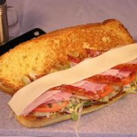Club Sub · Turkey, ham and bacon. Freshly toasted bakery roll with fresh lettuce, onions, tomatoes, whi...