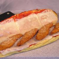 Chicken Parmesan Hoagie · Special tomato sauce spread over fresh bakery roll. Topped with 100 % mozzarella cheese and ...
