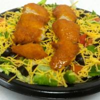 Spicy Buffalo Chicken Salad · Freshly made with lettuce, diced tomatoes, onions, green peppers, black olives, shredded car...
