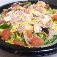 Small Chef Salad · Freshly made with lettuce, diced tomatoes, onions, green peppers, black olives, shredded car...