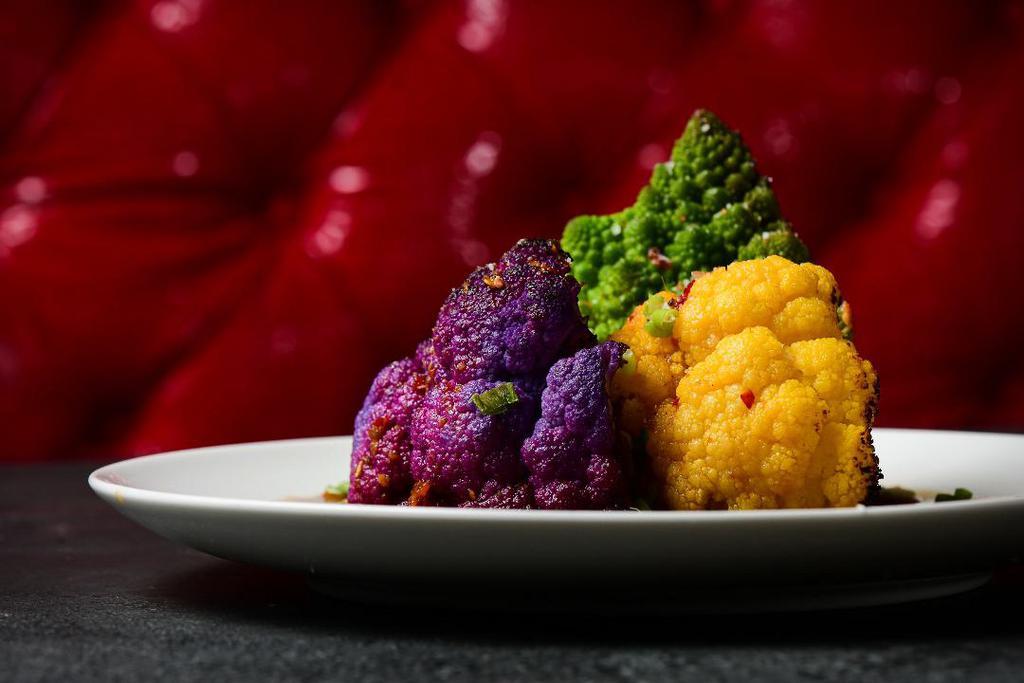 Cauliflower · purple, orange & green florets, kung pao, chilis, scallion