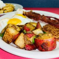 Grandpa's Big Breakfast · 2 eggs, home fries or hash browns, bacon AND sausage and choice of pancake, waffle or French...
