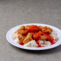 8. Sweet and Sour Chicken Combo Special · Served with egg roll and choice of rice.
