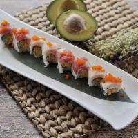 Red Hamachi Roll · Spicy yellowtail, jalapeno, crunchy inside, fresh tuna, yellowtail and tobiko on top.