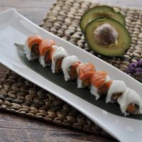 Crazy Salmon Roll · Crunchy spicy salmon roll, topped with white tuna and salmon.