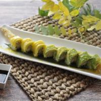 Paradise Roll · Tempura shrimp and cucumber, topped with mango, avocado, and mango sauce.