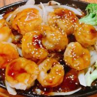 Shrimp Teriyaki Dish · Marinated and grilled.