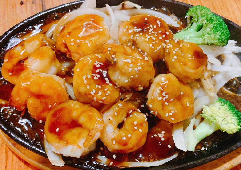 Shrimp Teriyaki Dish · Marinated and grilled.