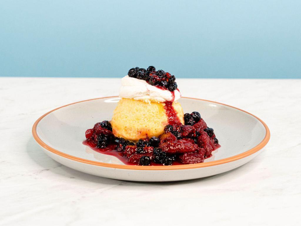 Berry Vanilla Chiffon Cake · Filled with a fior di latte (think adult twinkie filling), this vanilla sponge cake calls for a deep spoon. A berry compote and dollop of mascarpone cream completes this rich dessert | Allergen: Milk, Egg, Tree Nuts
