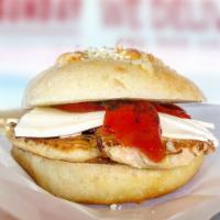 Grilled Chicken Panini · Fresh mozzarella and roasted red peppers.