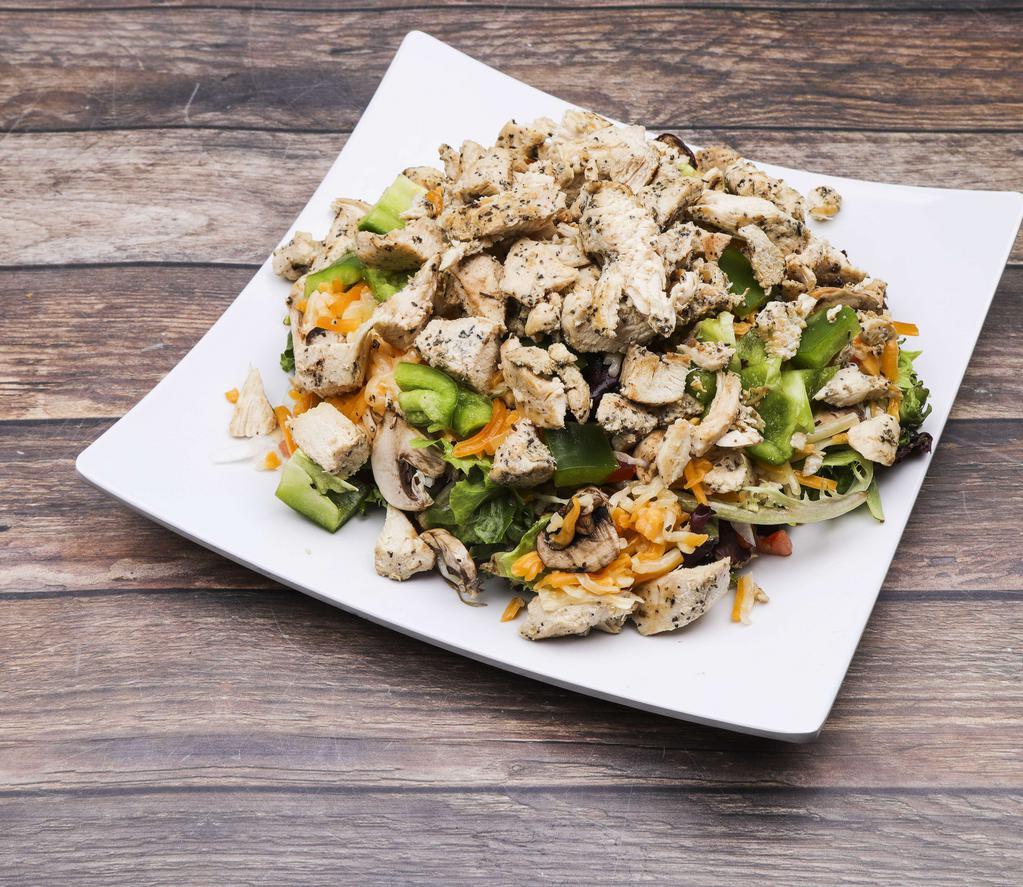 Chicken Salad · Lettuce, tomatoes, grilled chicken, onions, shredded cheese, green peppers and mushrooms.