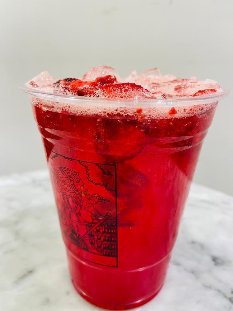 Strawberry Lemonade · 16 oz. Ice, strawberry syrup, organic lemonade, freeze dried strawberries. 
