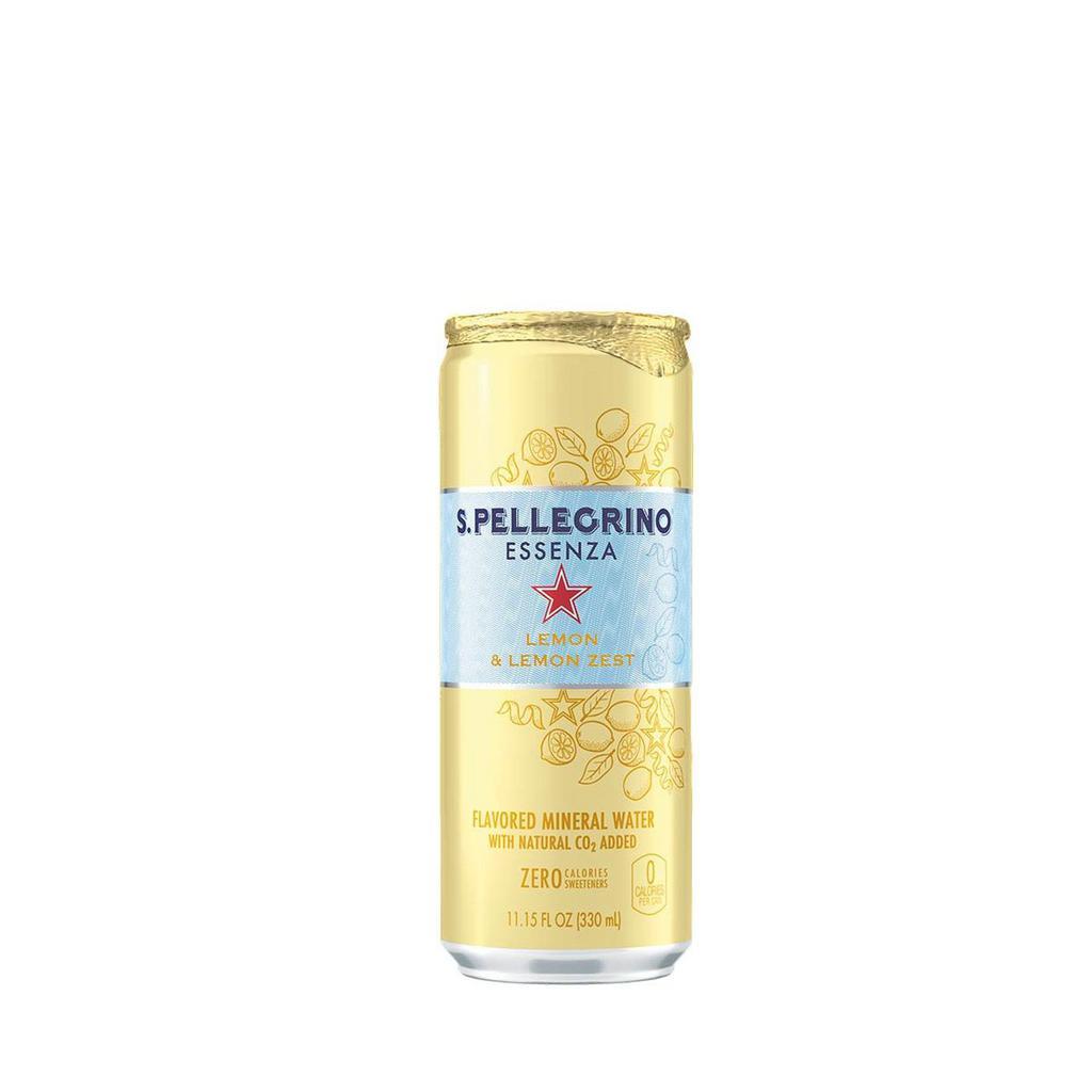 S.PELLEGRINO Essenza Lemon Sparkling Water · ZERO Calories/Sweeteners , Made with freshly squeezed lemon juice and Lemon Zest, the Essenza Lemon Sparkling Water will enchant any lover of citrusy aroma in search of an elegant and fresh zesty taste.  11.1 oz. CAN.