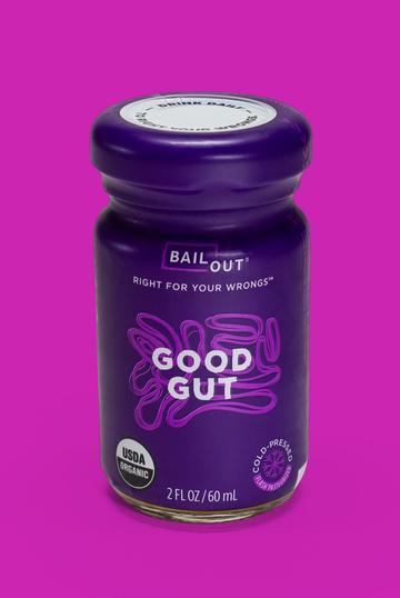 BAIL OUT - GUT HEALTH SUPPLEMENT · GUT HEALTH SUPPLEMENT | DIGESTION SHOT | RESTORE GUT HEALTH SUPPLEMENT | BAILOUT WELLNESS.
Directions : Drink daily for the trustiest gut around.
Organic Ingredients: 
Apple Cider Vinegar, Lemon Juice, Ginger, Turmeric, Green Apple Juice, Black Pepper, Garlic, Cayenne, Bacillus subtilis 2x109 cfus 
Cold-Pressed, Flash Pasteurized. 
2 FL OZ/ 60 ML Glass bottle
