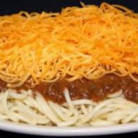 Coney Spaghetti · Spaghetti noodles covered with Dads Coney sauce and cheddar cheese topped with diced onions