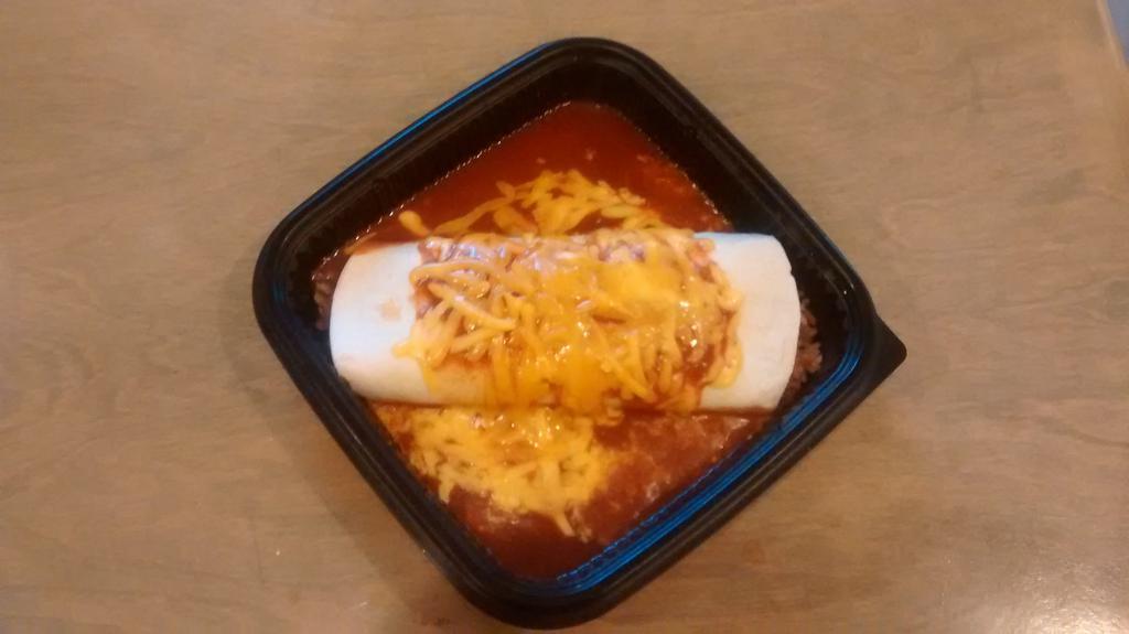 Smothered Loose beef Wrap  · A flour tortilla with loose beef, onions
 Covered with Enchilada Sauce and Cheese
