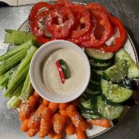 Veggie Platter · Carrot sticks, celery sticks, cucumber slices, broccoli florrets, red and green pepper.