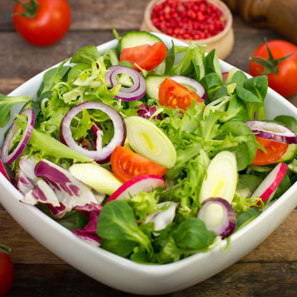 House Salad · Mixed greens, tomatoes, onions, cucumbers, carrots, and choice of salad dressing.