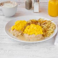 Homemade Biscuits & Gravy · Oven baked biscuits, homemade creamy sausage gravy, and two eggs any style. Served with hash...