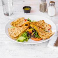 Veggie Quesadilla · Cilantro, onions, pico de gallo, sliced avocado, jalapenos, and roasted bell peppers. Topped...