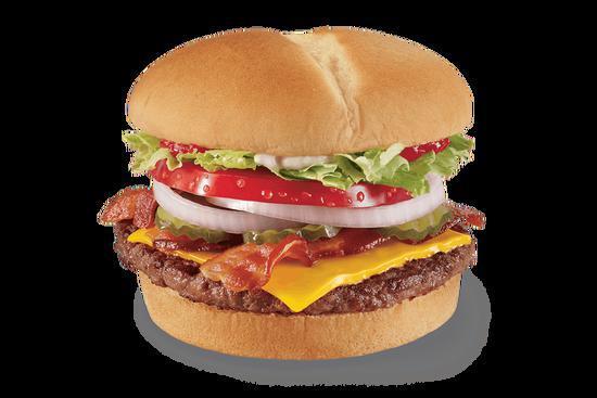 1/4 lb. Bacon Cheese Grill Burger · One ¼ lb. 100% beef burger topped with melted cheese, thick-cut applewood smoked bacon, thick-cut tomato, crisp chopped lettuce, pickles, onions, ketchup and mayo served on a warm toasted bun. Pre-cooked weight.