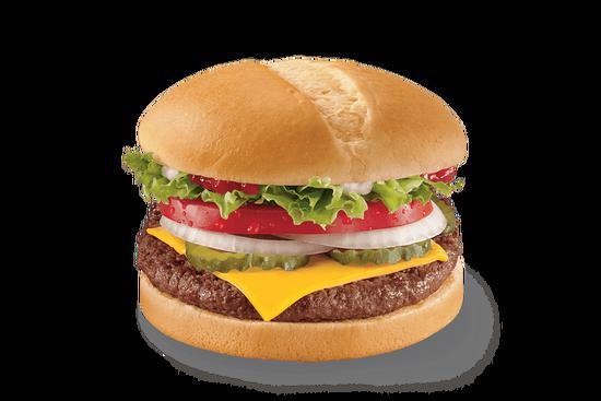 Cheese GrillBurger 1/4 lb. · 1/4 lb. 100% beef burger topped with melted cheese, thick-cut tomato, crisp chopped lettuce, pickles, onions, ketchup, and mayonnaise served on a warm toasted bun. Pre-cooked weight.
