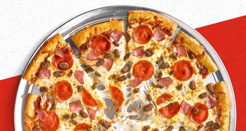 Meat Eater Pizza · Classic tomato sauce, 100% real cheese, pepperoni, ham, beef and sausage.
