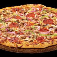 Supreme Pizza · Classic tomato sauce, 100% real cheese, pepperoni, beef, sausage, red onions, green peppers ...