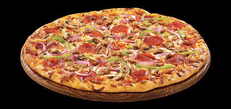 Supreme Pizza · Classic tomato sauce, 100% real cheese, pepperoni, beef, sausage, red onions, green peppers and mushrooms.