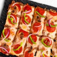Supreme Pan Pizza · Classic tomato sauce, 100% real cheese, pepperoni, beef, sausage, red onions, green peppers ...