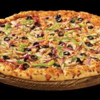 Veggie Pizza · Classic tomato sauce, 100% real cheese, red onions, mushrooms, green peppers and black olives.