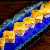 Orion Roll · Shrimp tempura, soybean paper, avocado yuzu tobiko spicy mayo  & torched salmon